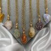 Dainty Healing Crystal Necklaces Gold Boho Amethyst Rose Quartz Green Aventurine Blue Lace Agate Citrine Natural Stone Wire Wrap Pendant