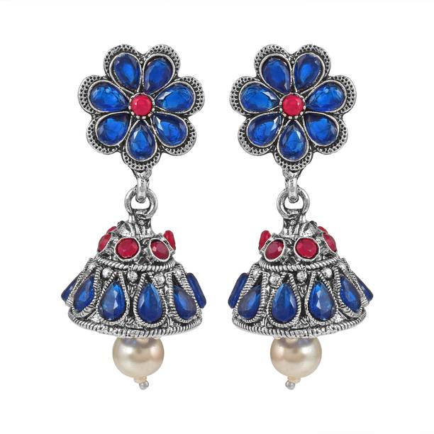 Silver Oxidised Floral Designer Multi Stone Studed Jhum