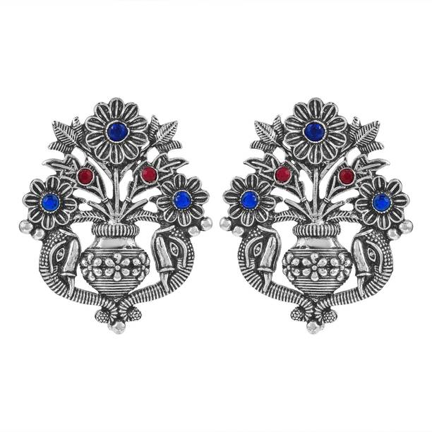 Silver Oxidised flower pot Design faux stone Studed fas