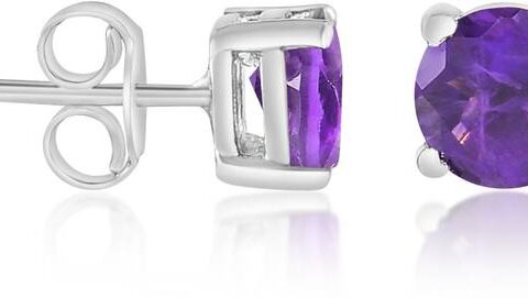 925 Sterling Silver Natural Amethyst Gemstone Round Stu