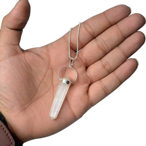 Natural Clear Quartz Pencil Shape Pendant with Metal Chain