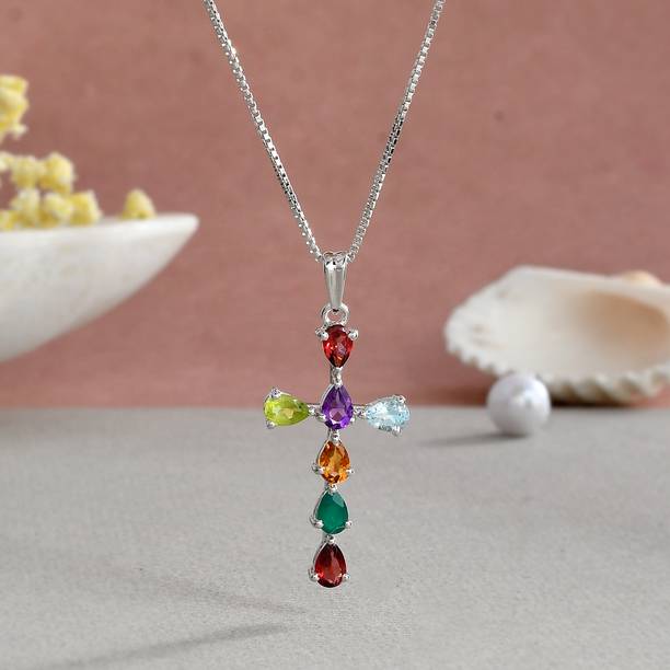 925 Sterling Silver Natural Multicolor Gemstone Cross N